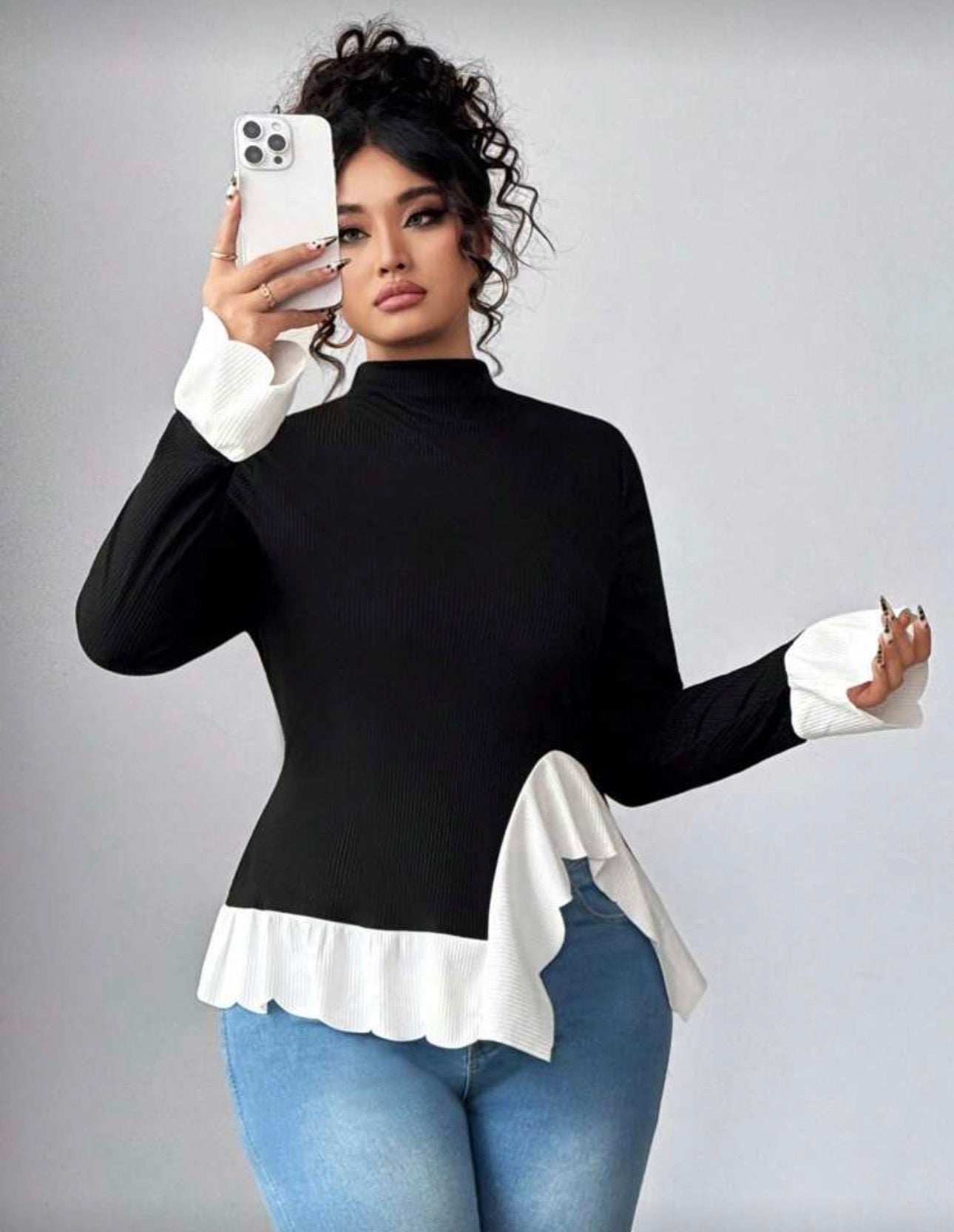 Curve Monochrome Ruffle-Hem Ribbed Knit Mock Neck Top