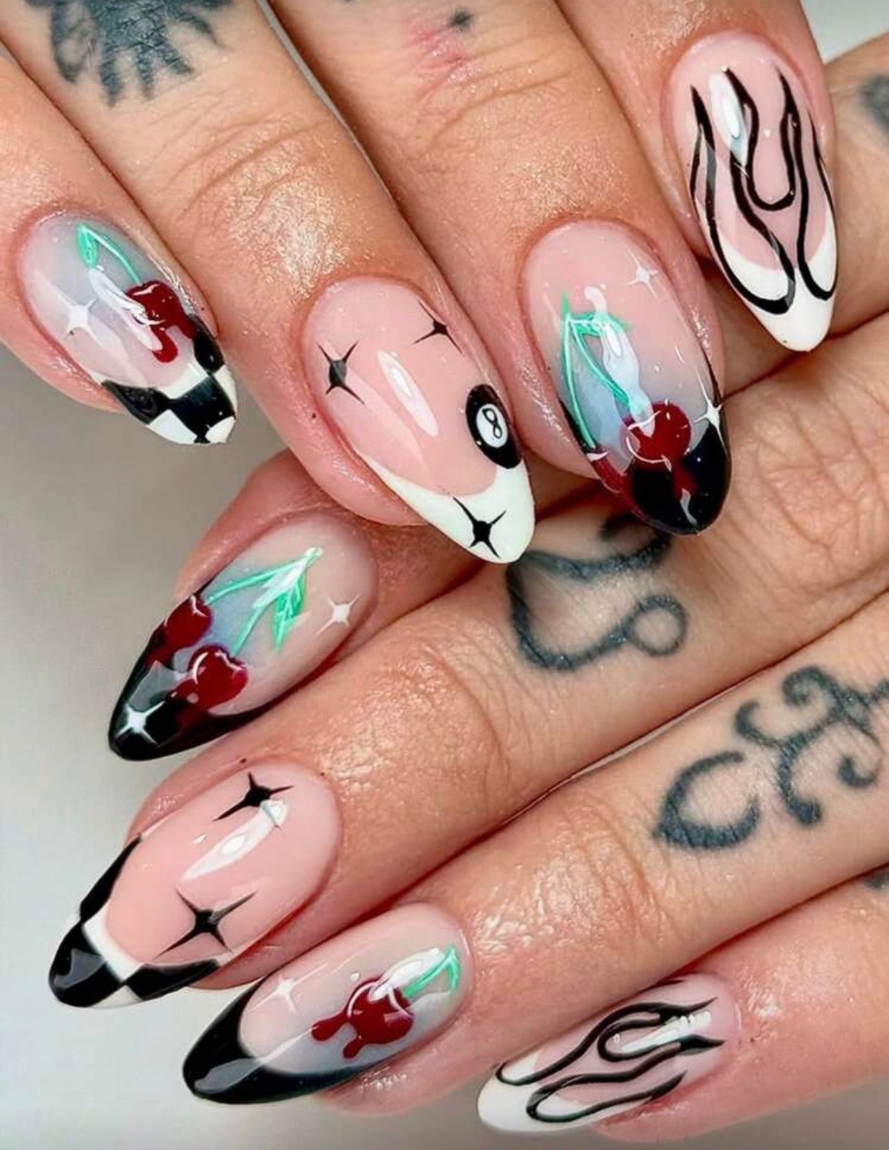 Almond Shaped Cherry 8 Ball Pool Nails