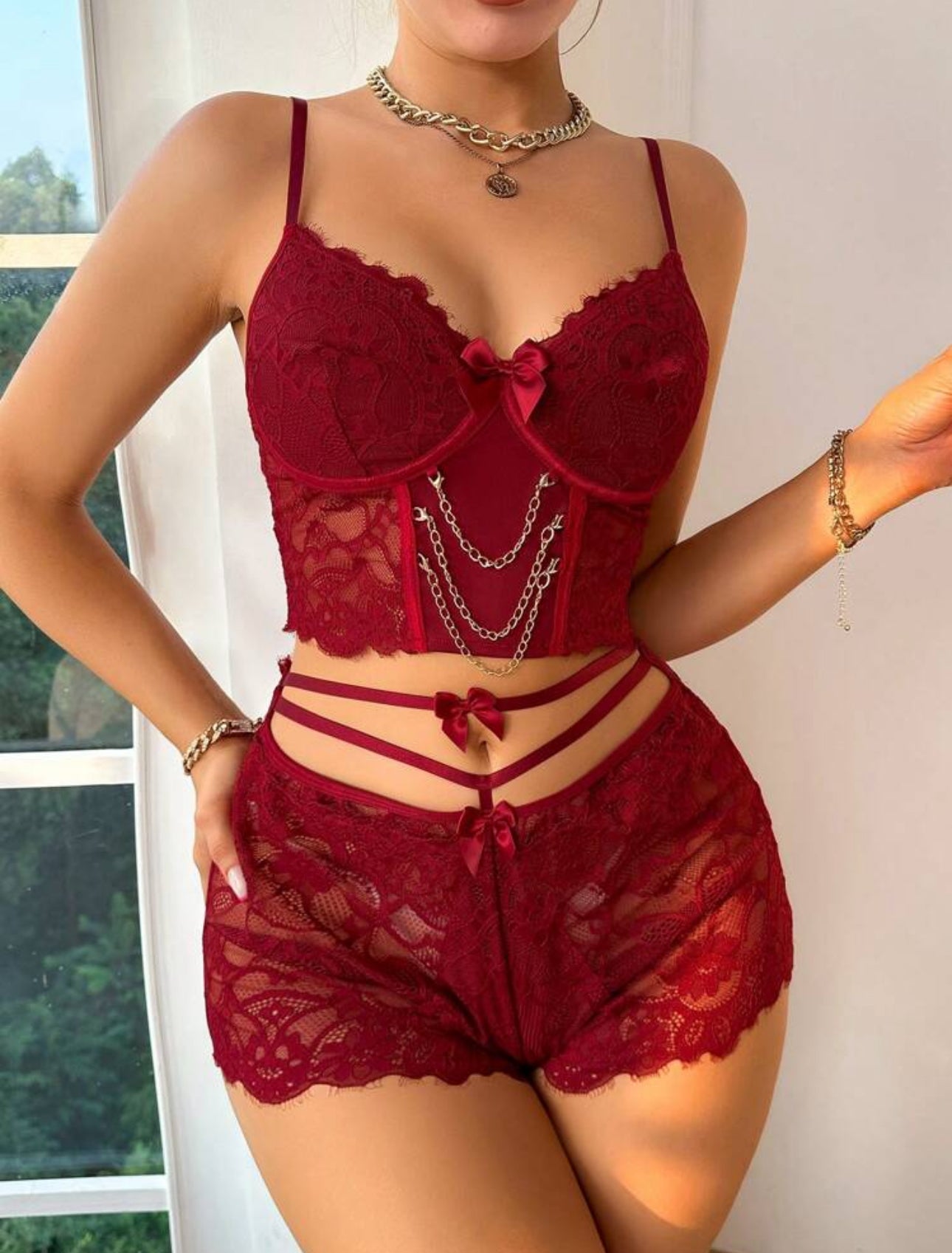 Burgundy Chain Detail Lace Set