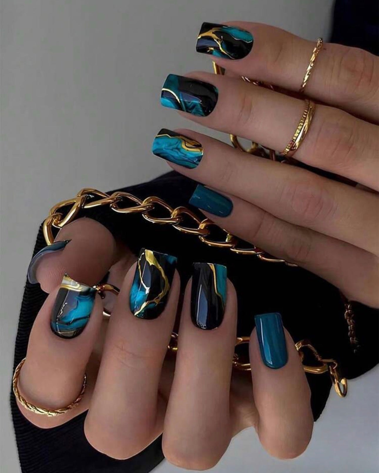 Teal & Black Marble Press-On Nails with Gold Foil Veining