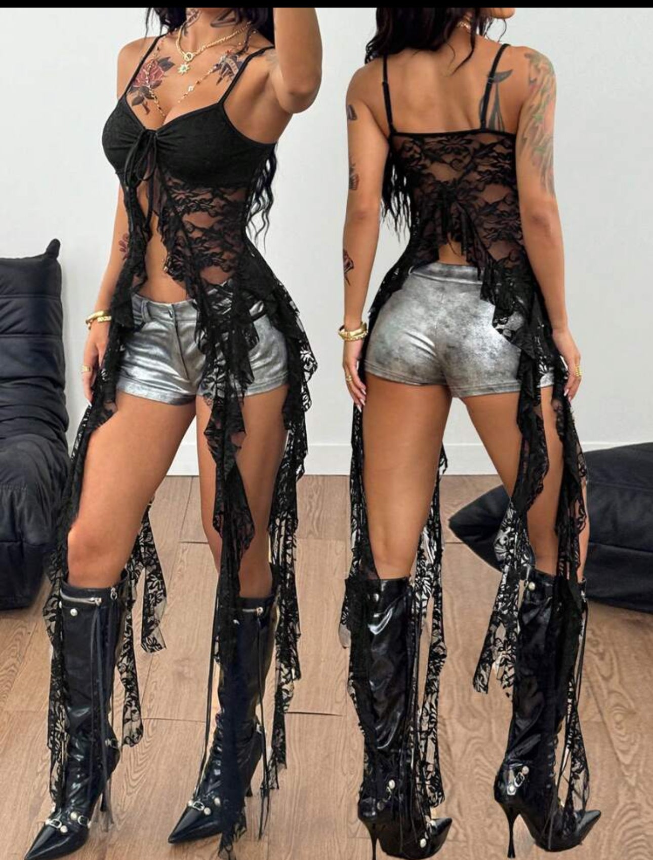 Black Mesh Cut Out Long Tank Top