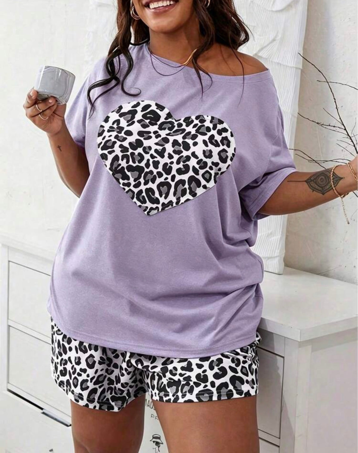 Curve Leopard Heart Graphic Off-The-Shoulder Lounge Set