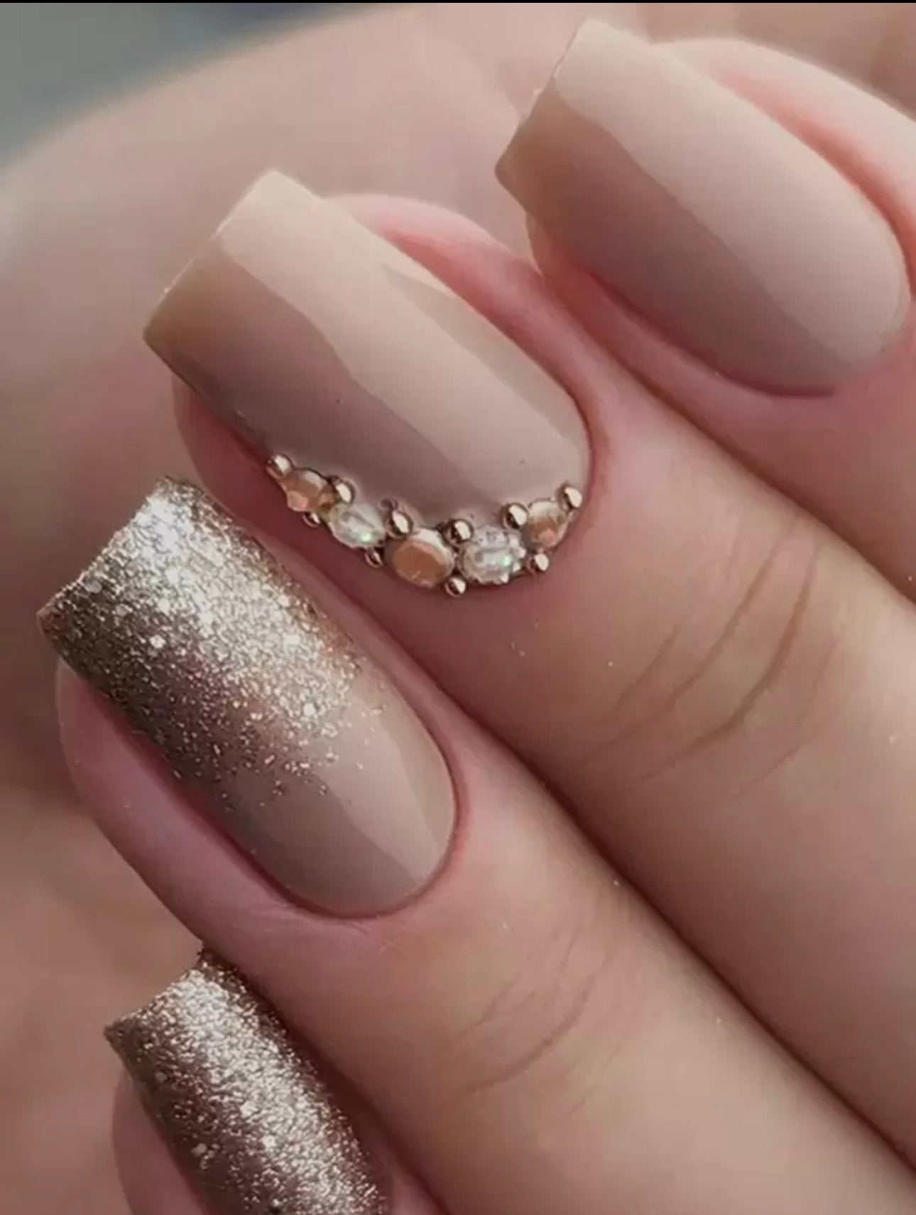 Nude & Champagne Gold Glitter Press-On Nails with Rhinestone Cuticle Accent