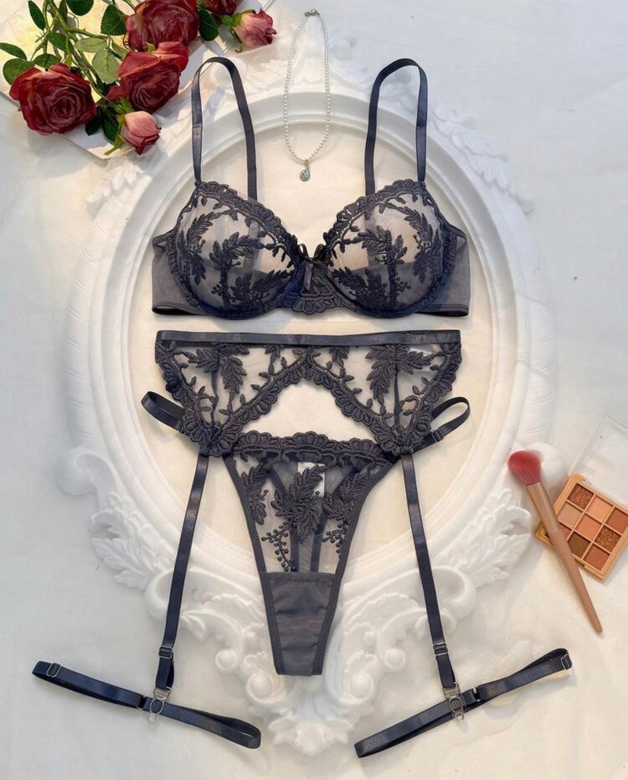 Charcoal Botanical Lace 3-Piece Lingerie Set with Garter Belt