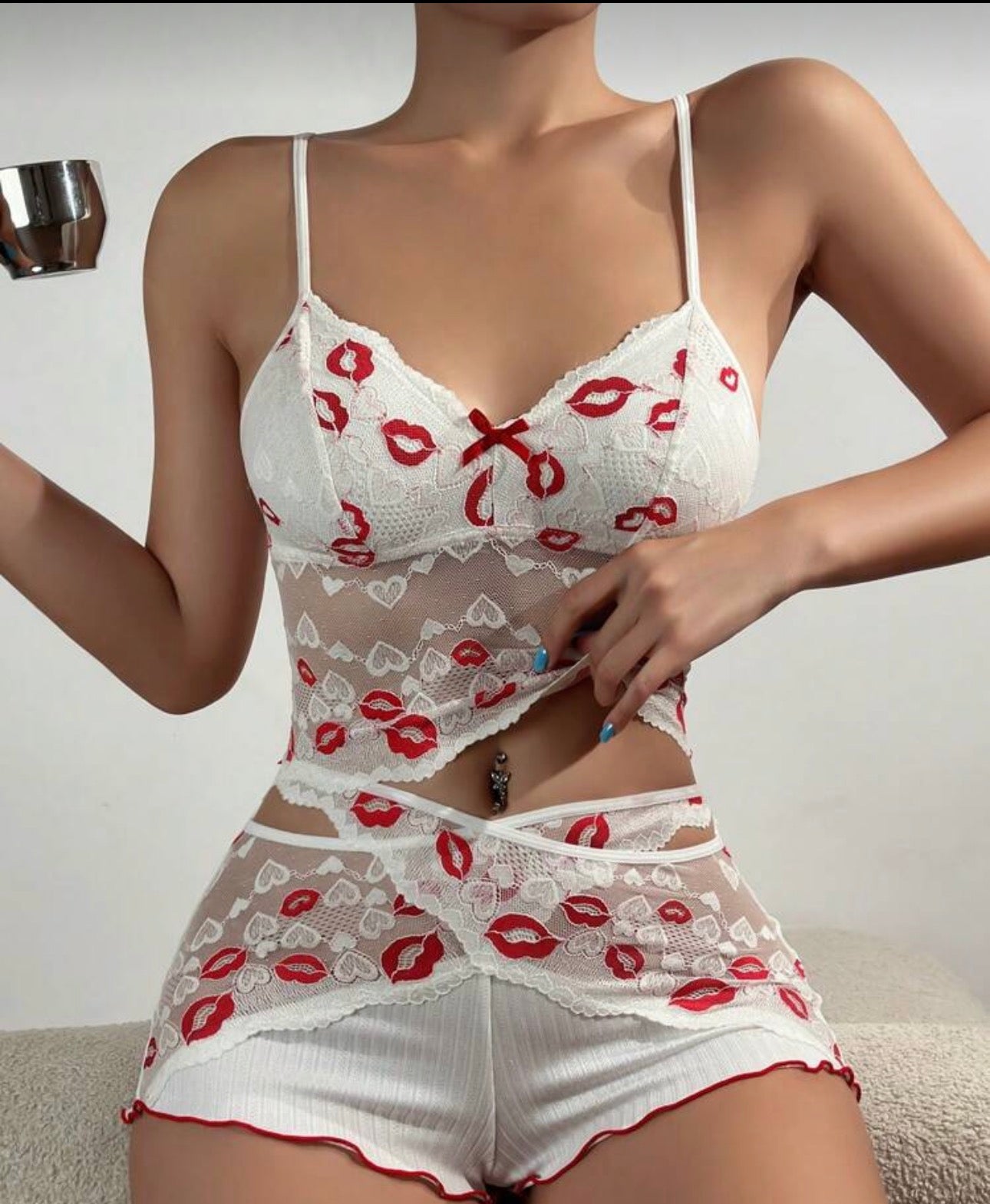 Sweetheart Kiss Lace Camisole & Ruffled Short Set