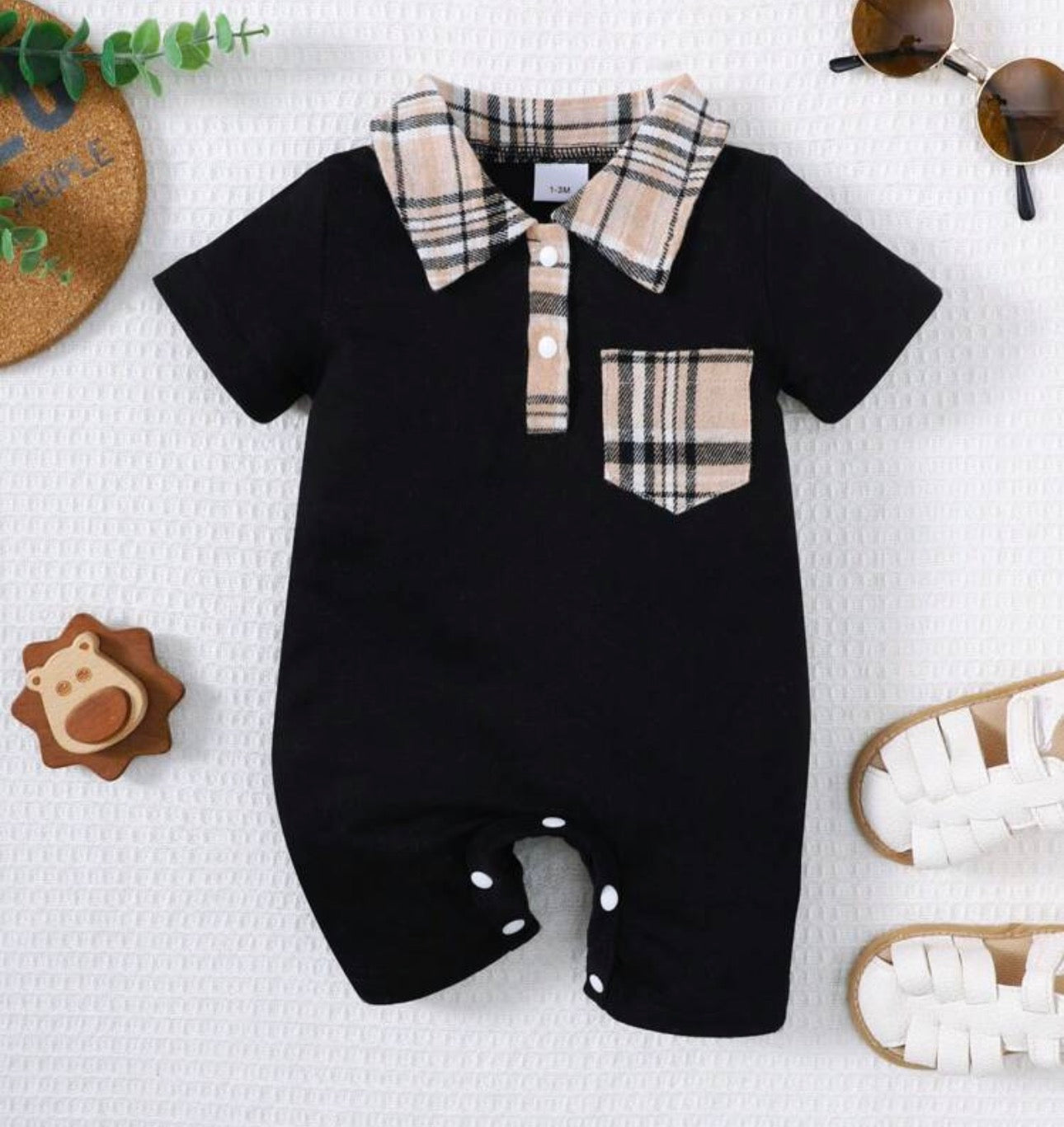 Baby Boy Plaid Collar Patch Pocket Short Sleeve Romper