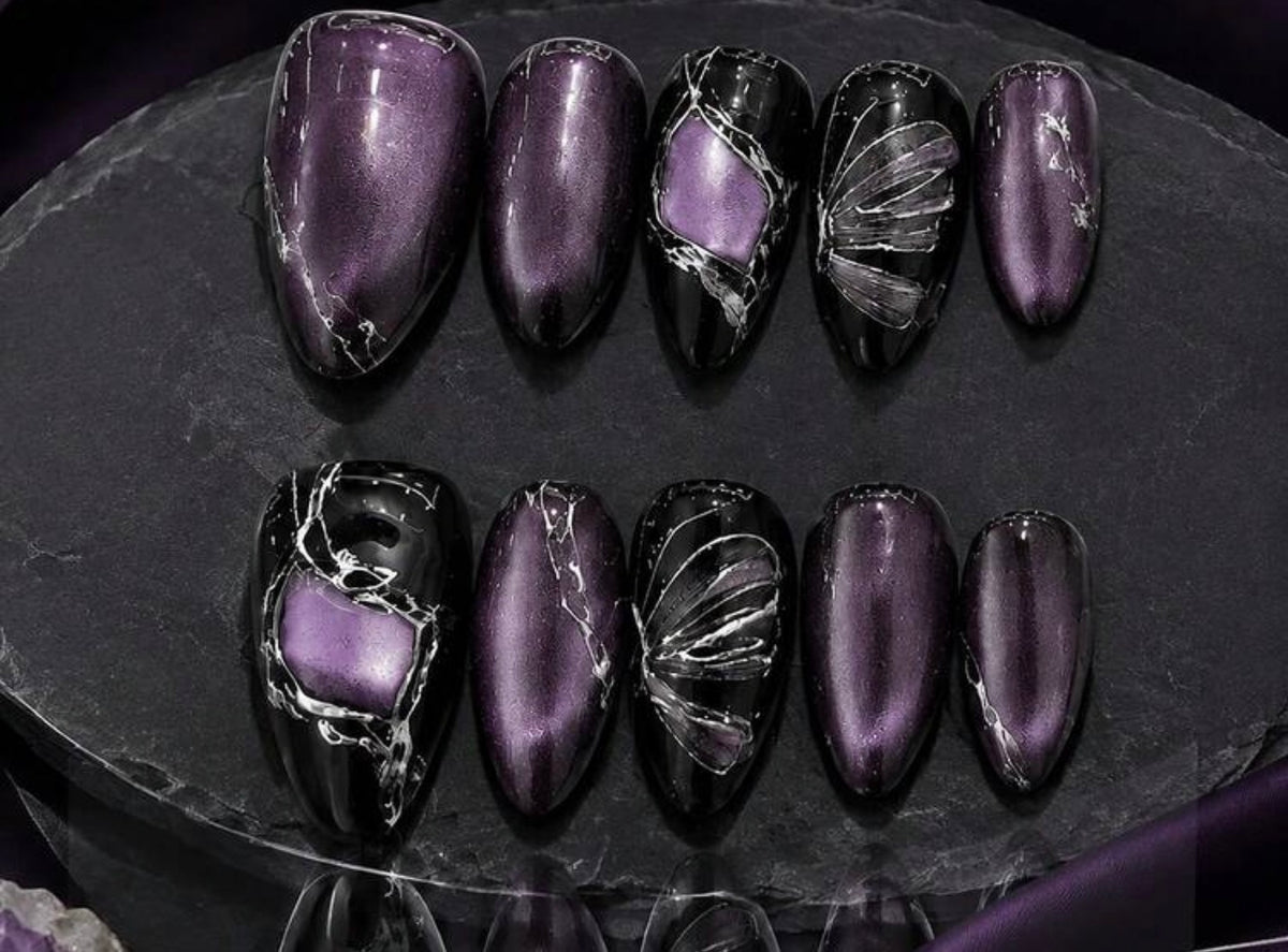 Dark Amethyst Geode & Butterfly Cat-Eye Press-On Nails