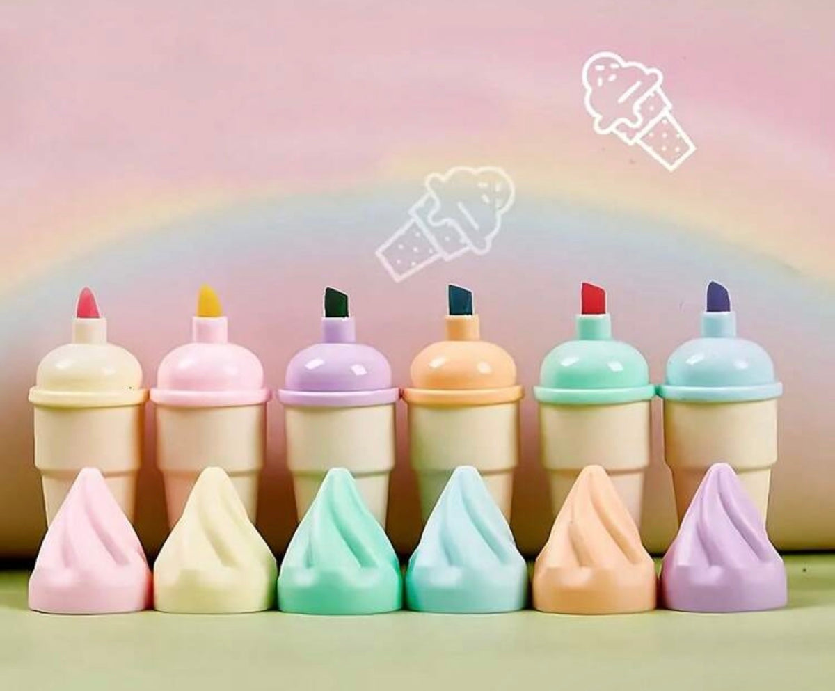 6-Piece Cute Ice Cream Cone Mini Highlighter Set