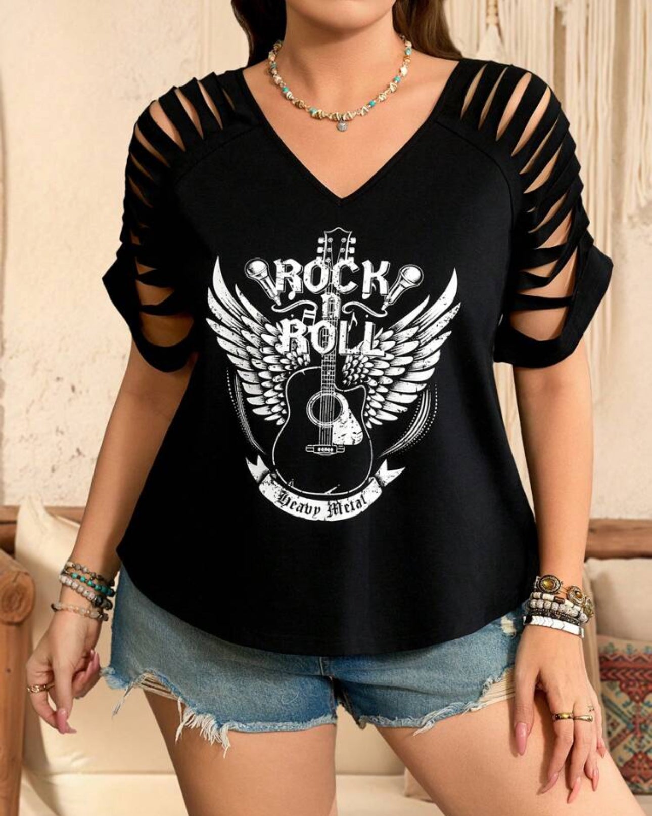 Curve Slit Sleeve Rock n Roll T-shirt