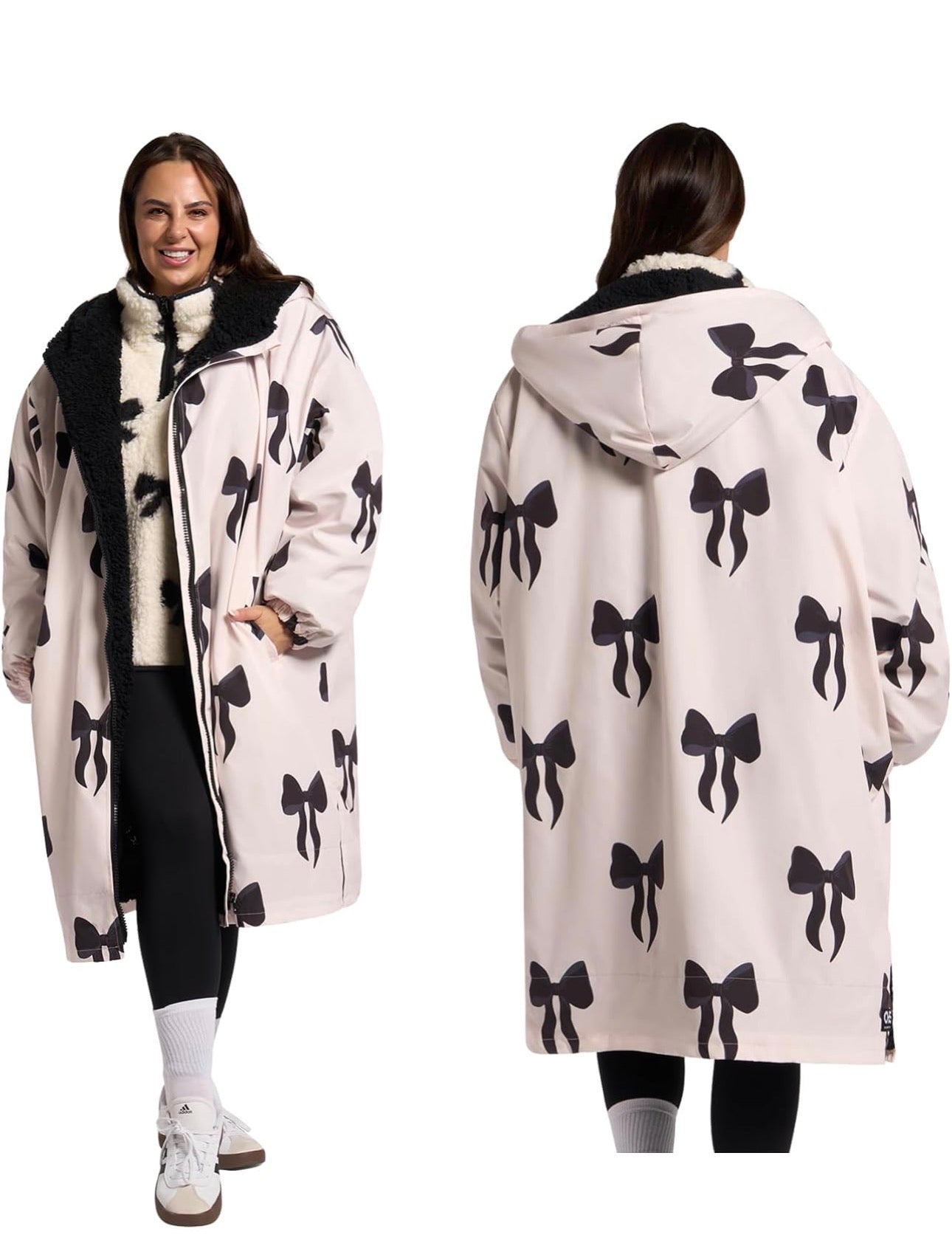Blush Pink Bow Print Oversized Fleece-Lined Coat