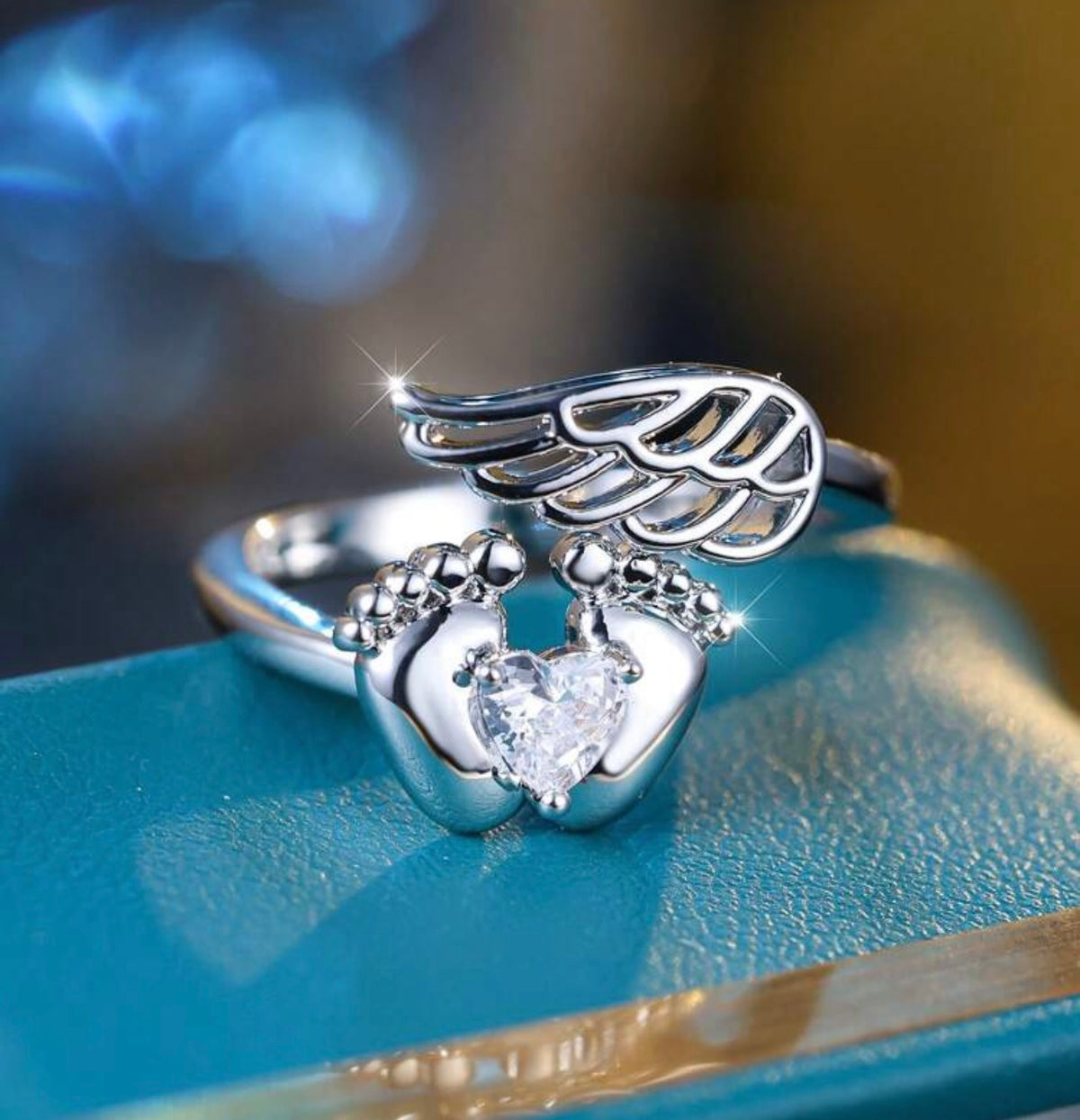 Angel Wing & Baby Footprints Crystal Adjustable Ring