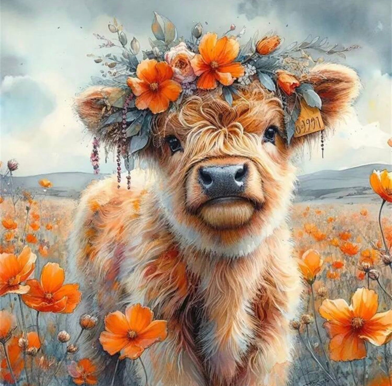 “Golden Poppy Highland Calf" Diamond Painting