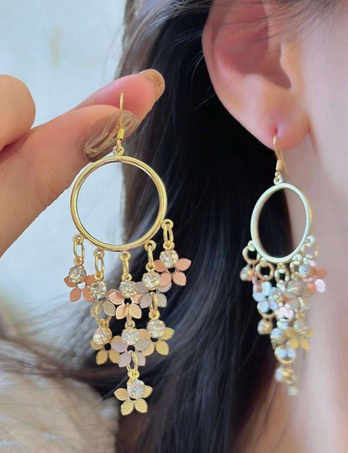 Floral Tassel Rhinestone Earrings