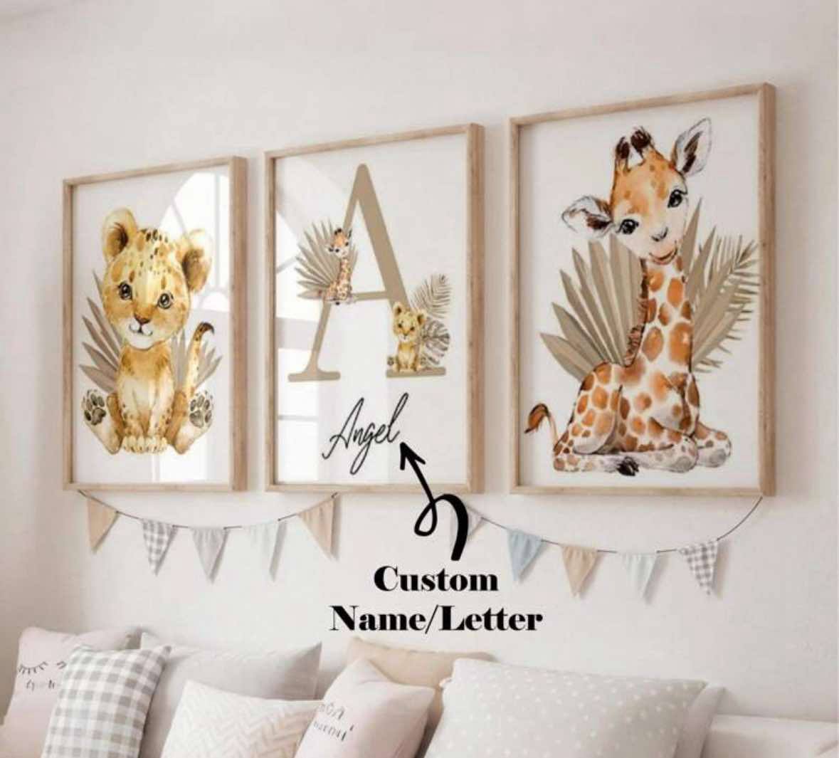 3 Piece Set Personalised Giraffe and Lion Prints