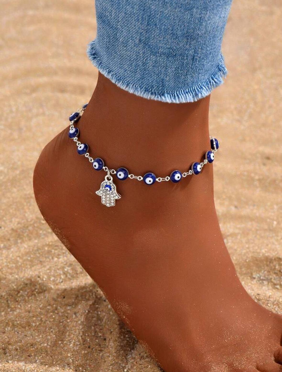 Retro Turkish Encrusted Protective Evil Eye and Hamsa Anklet