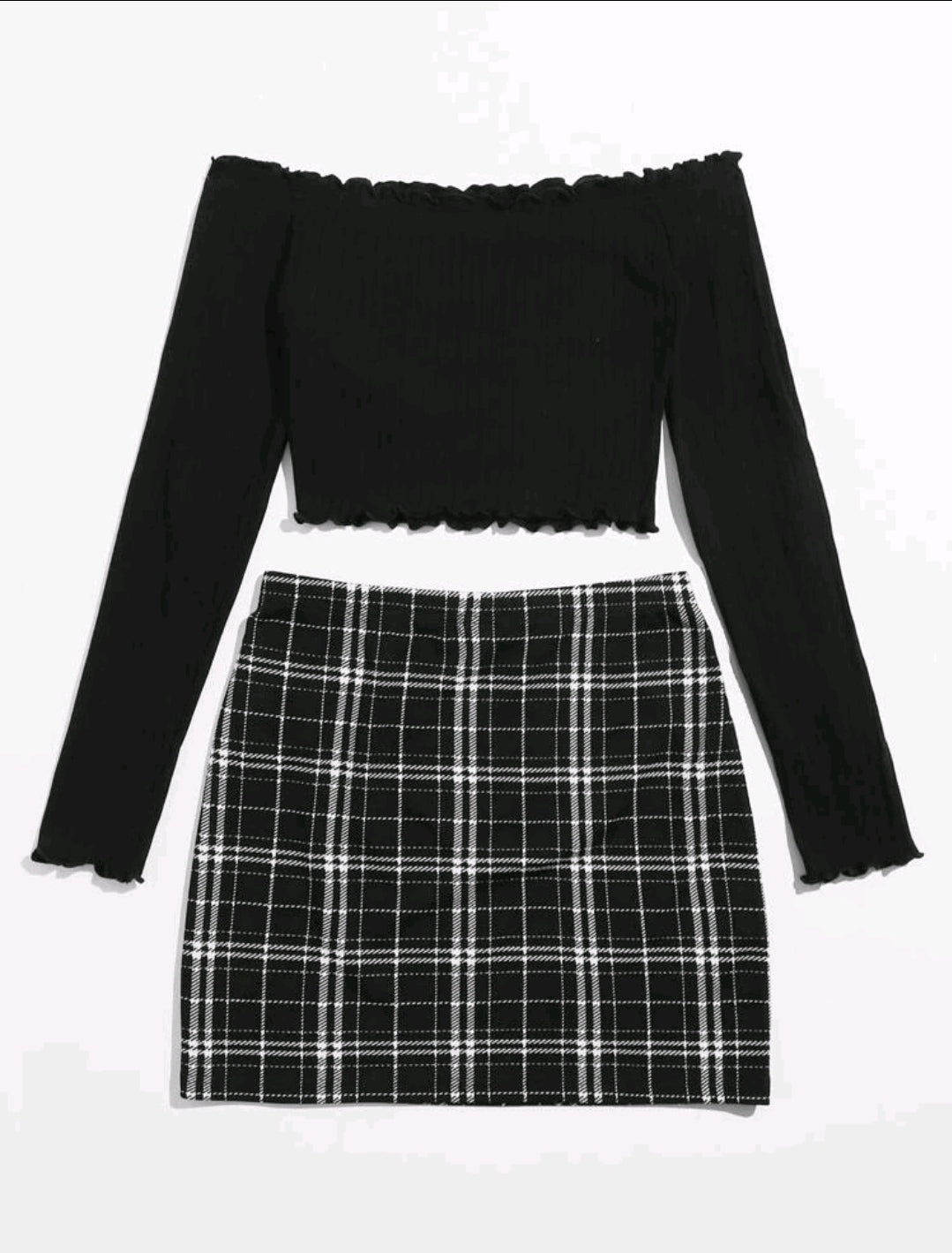 Black Crop Tee and Tartan Skirt Set