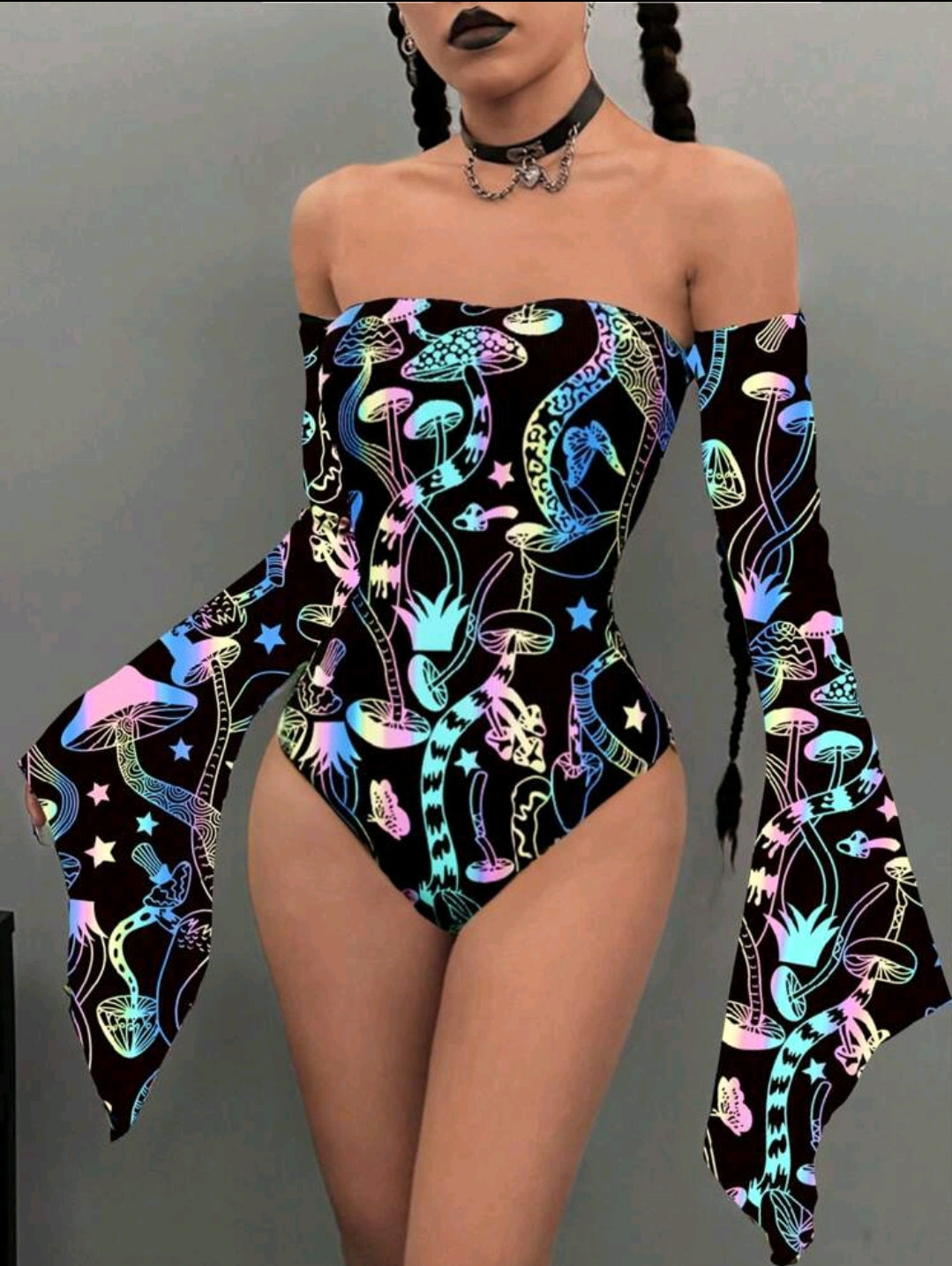 Reflective Mushroom Off Shoulder Flared Bodysuit