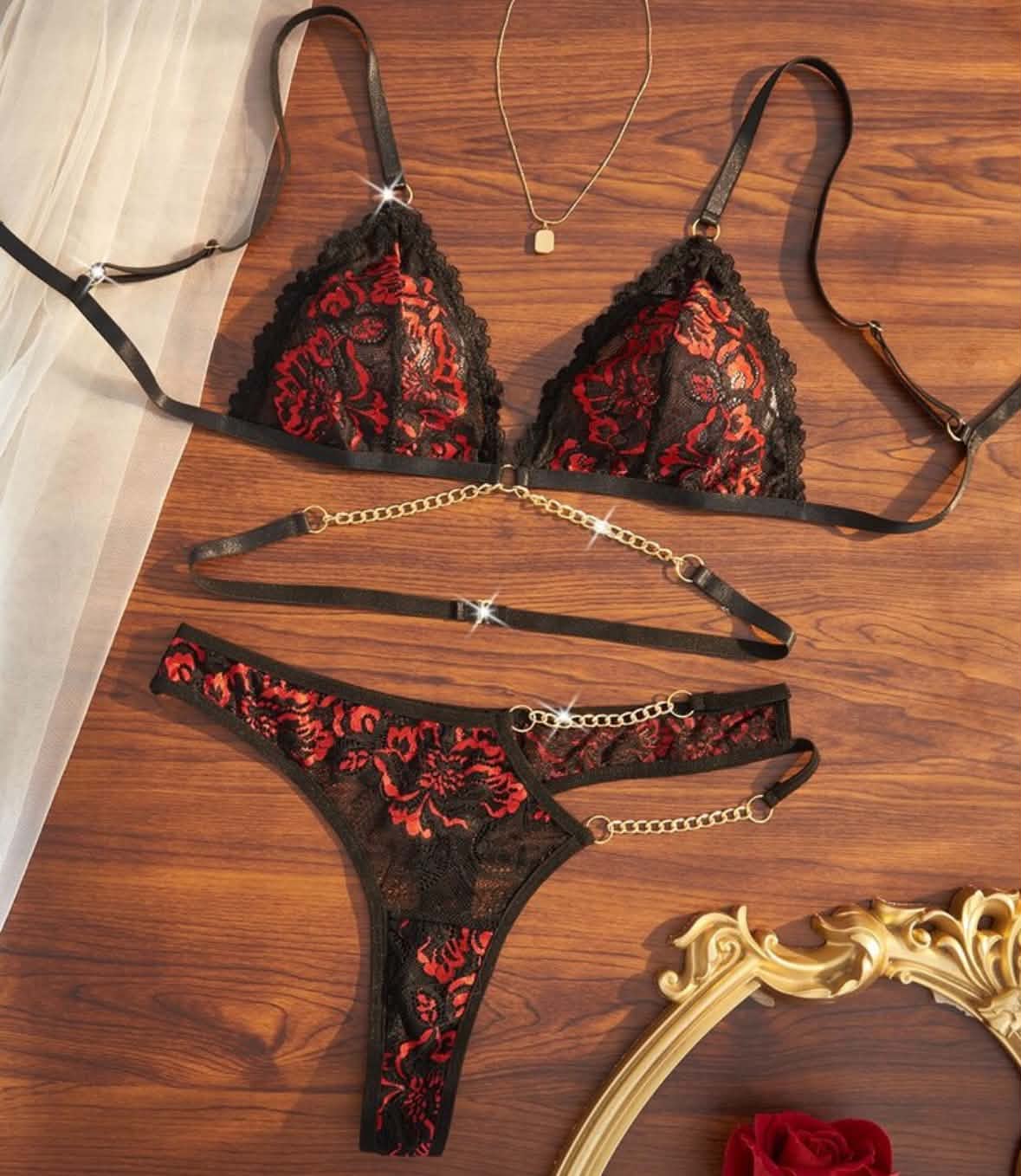 Red Floral Floral Lace Lingerie Set