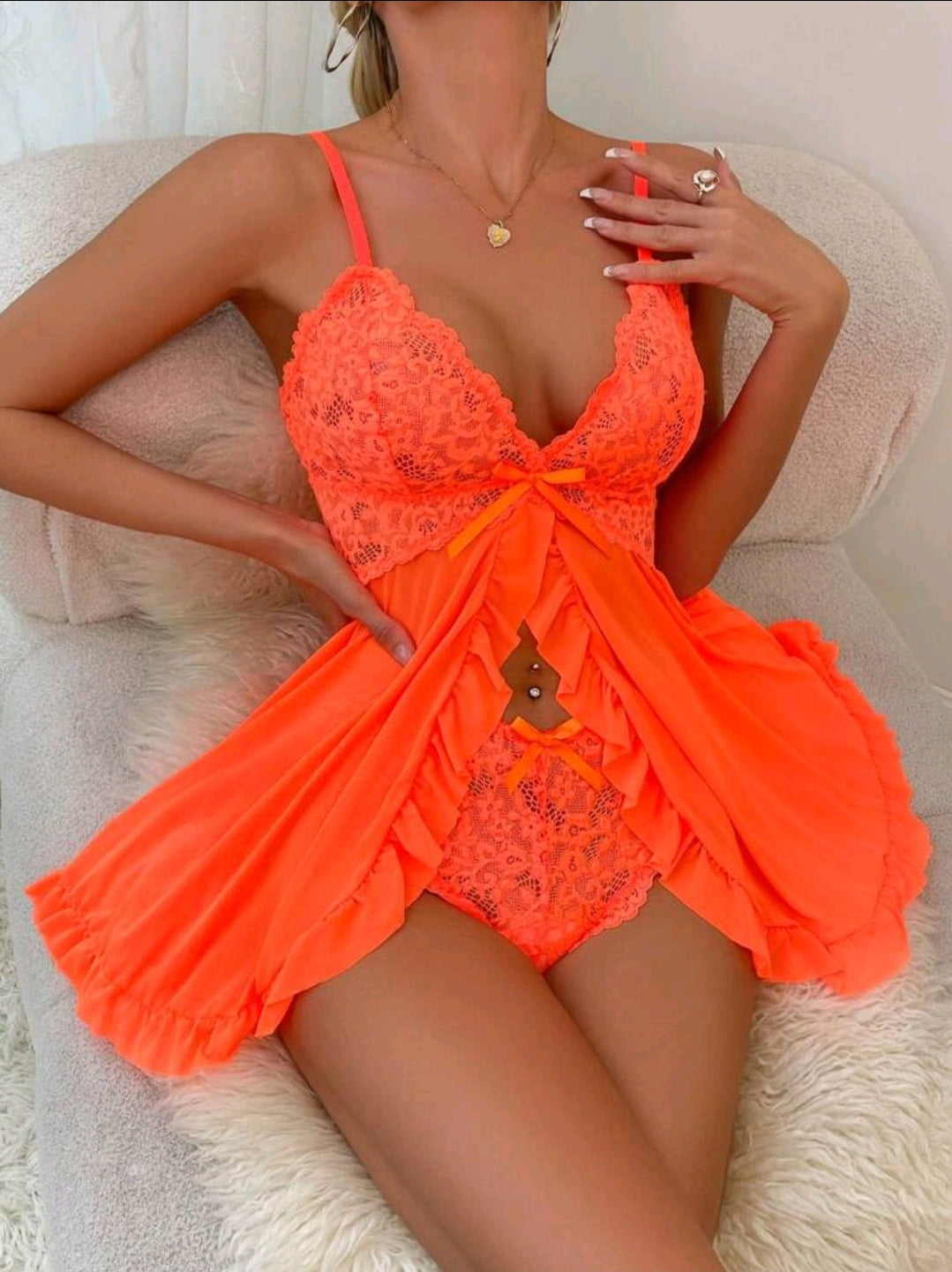 Orange Split Front Babydoll and Thong Set