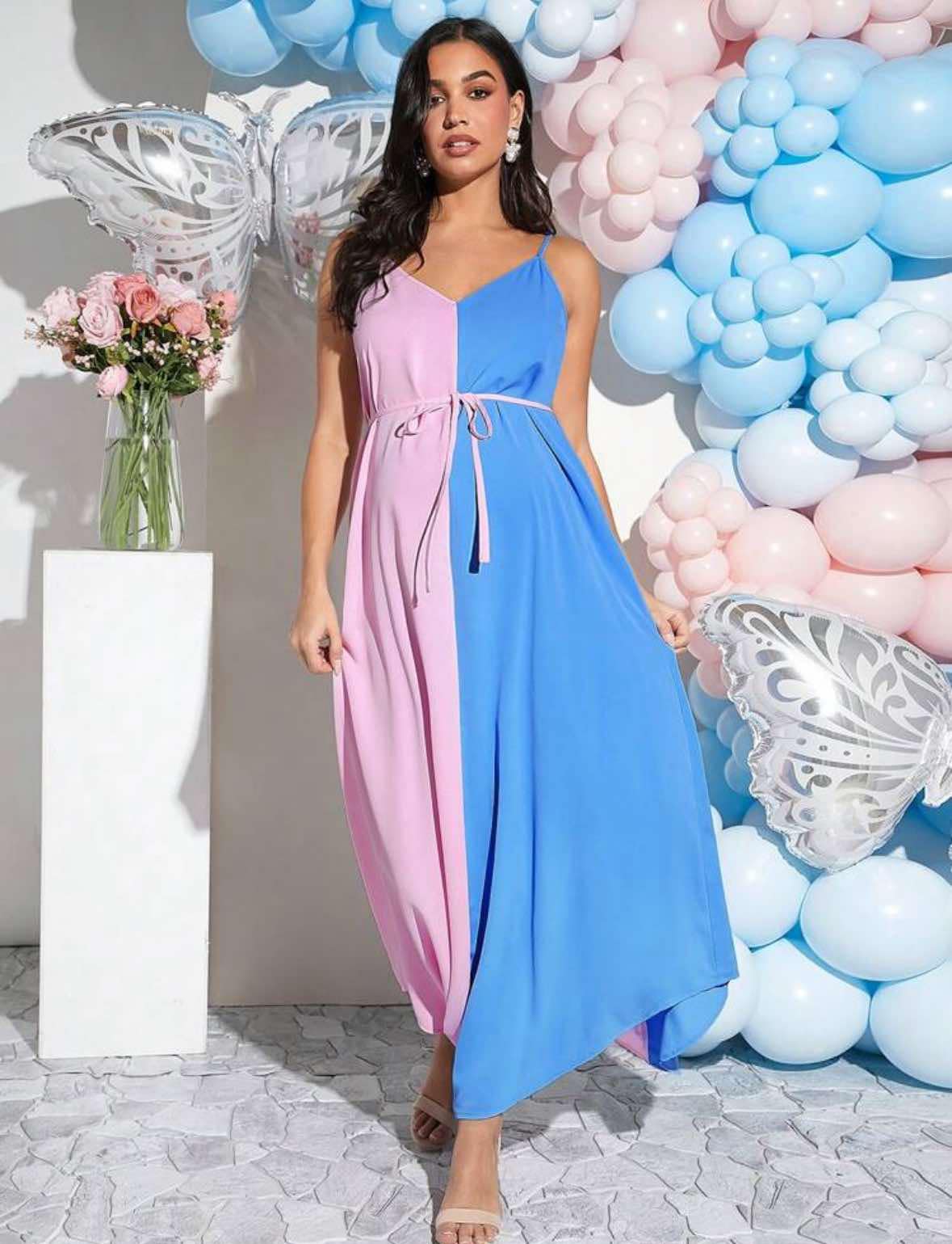 Blue and Pink Maternity Sleeveless Dress