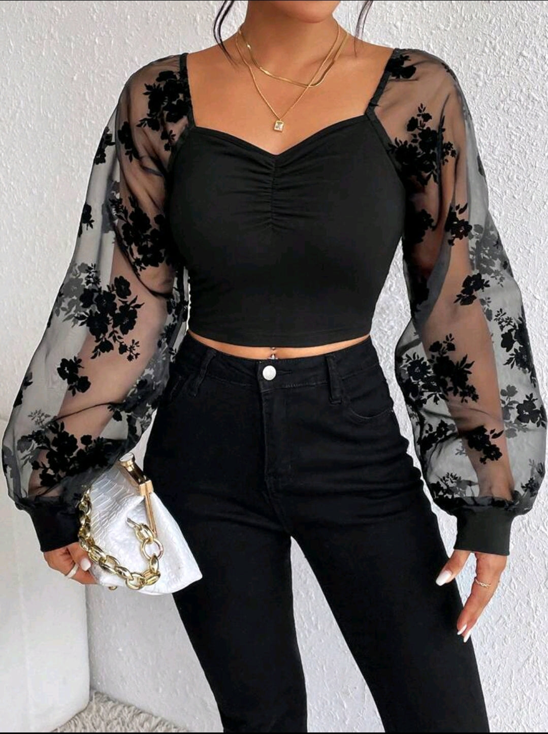 Black Floral Mesh Sleeve Top