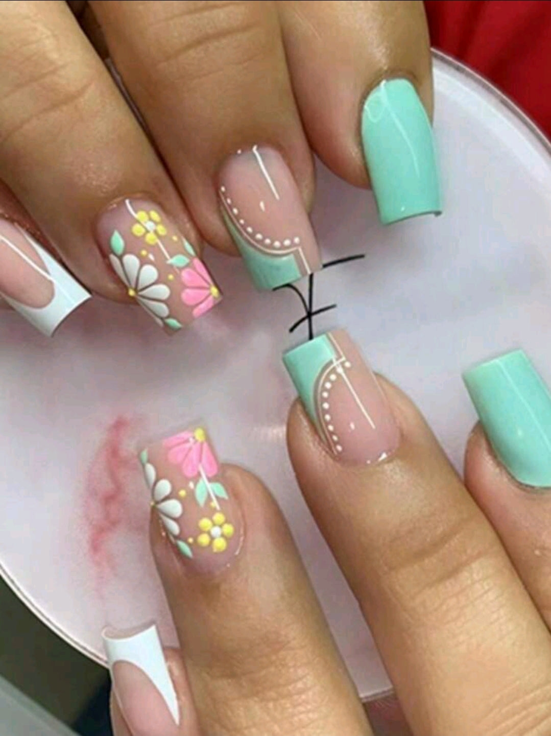 Mint Green Floral Nails