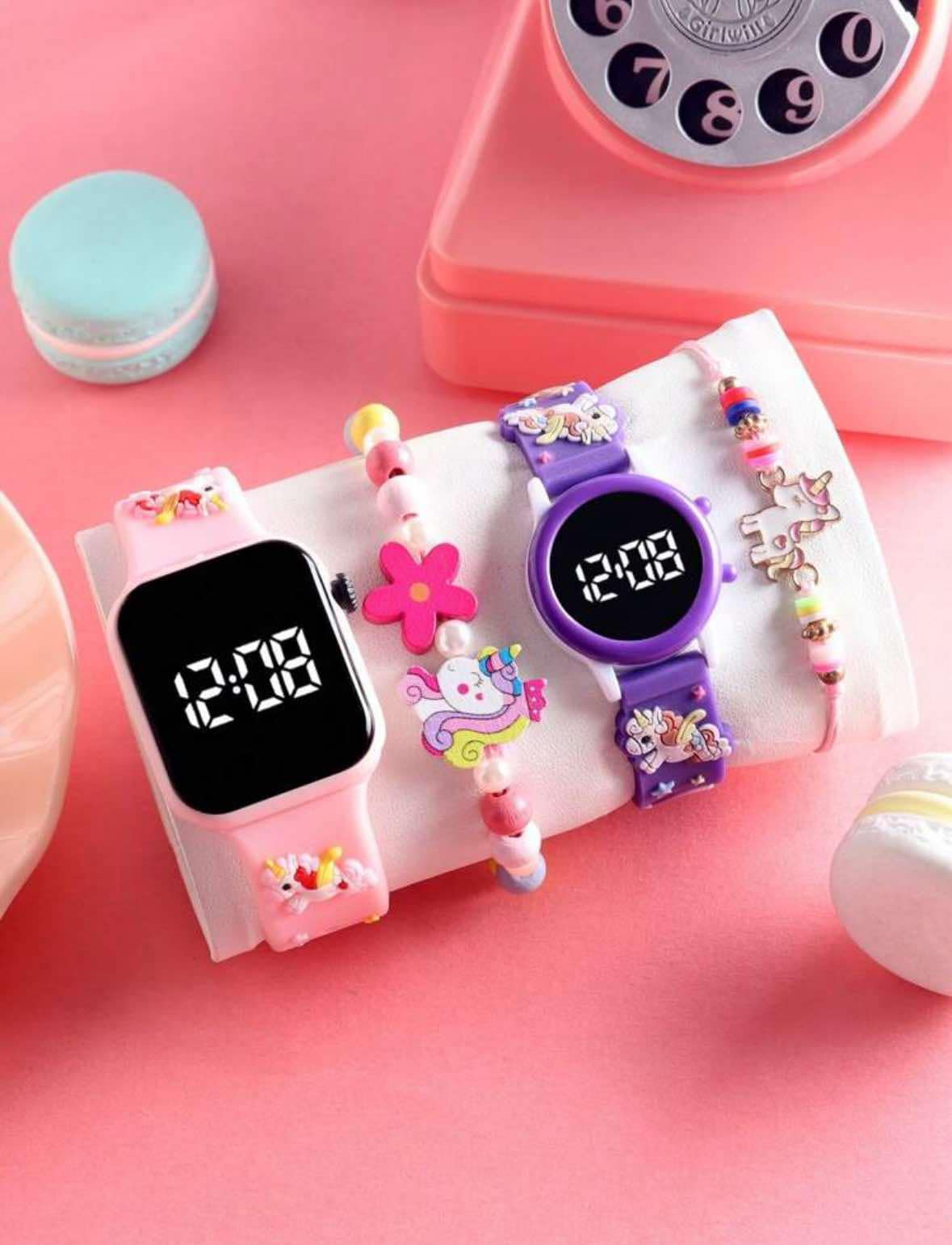 2 LED Kids Battery Operated Wrist Watches and 2 Unicorn Bracelets