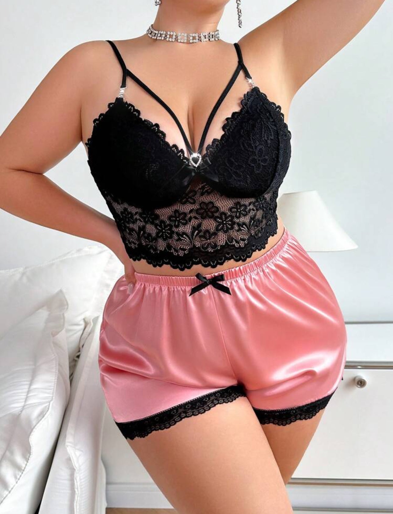 Elegance in Bloom Lace Bralette and Satin Short Set