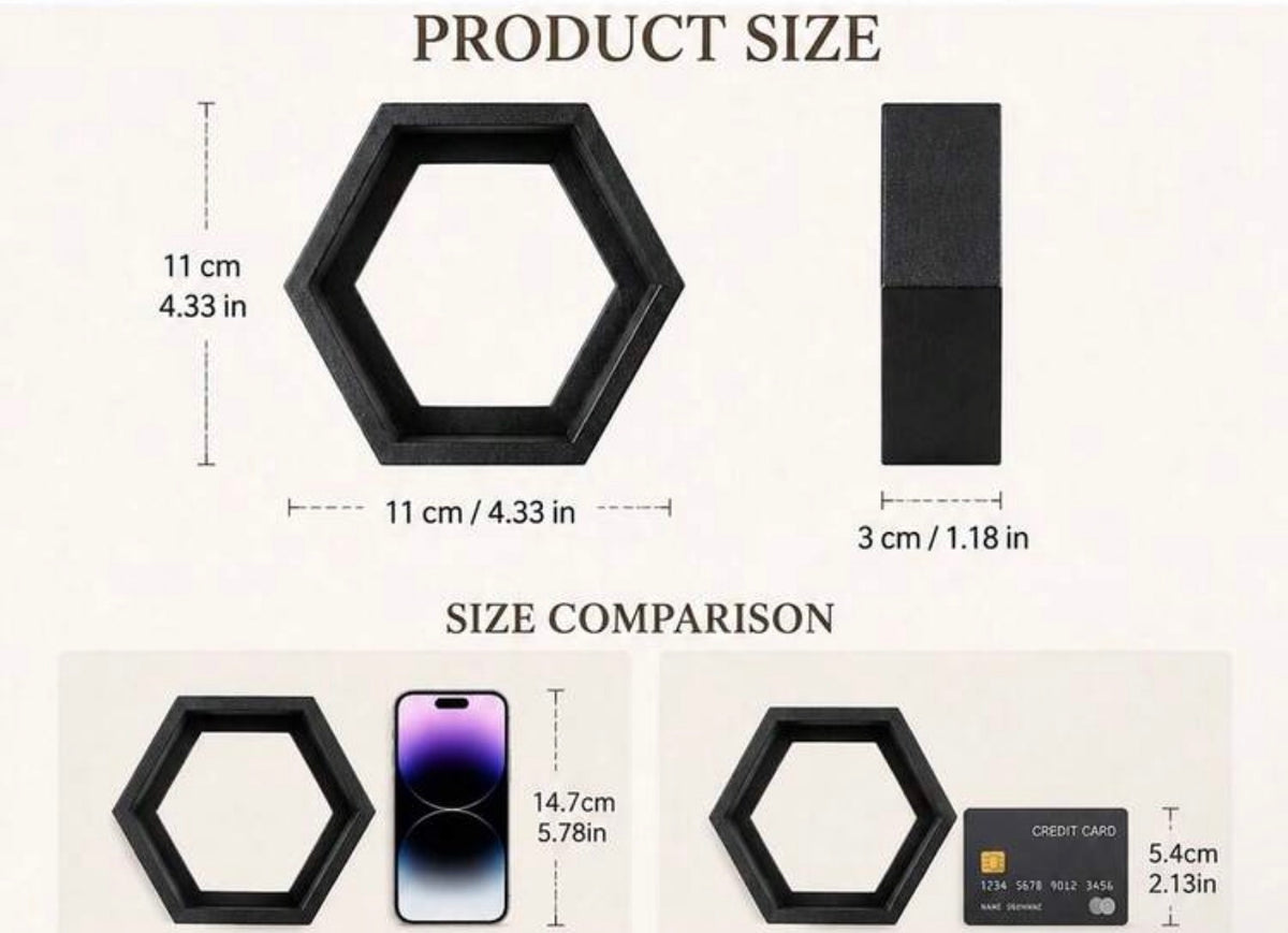 Set of 3 Modern Black Honeycomb Wall Shelves