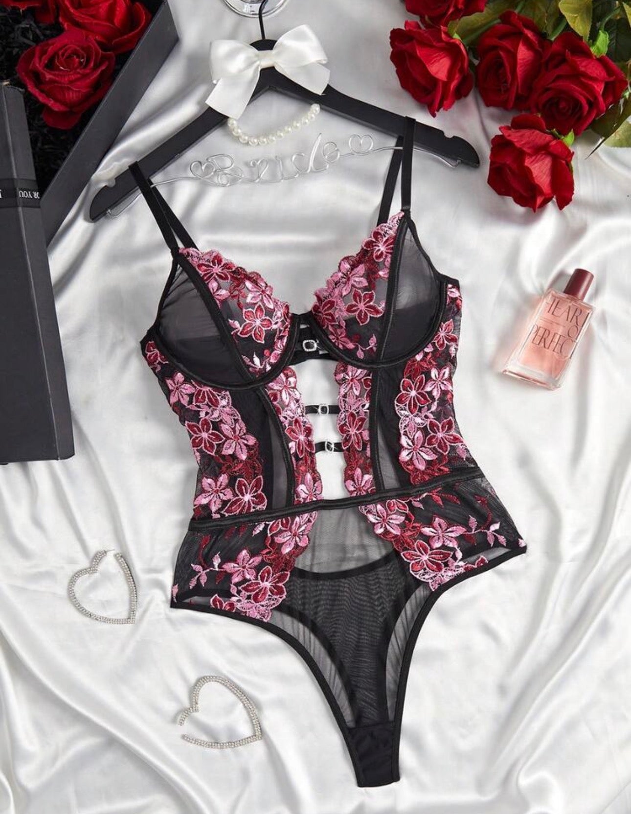 Crimson Floral Embroidered Sheer Mesh Teddy Bodys