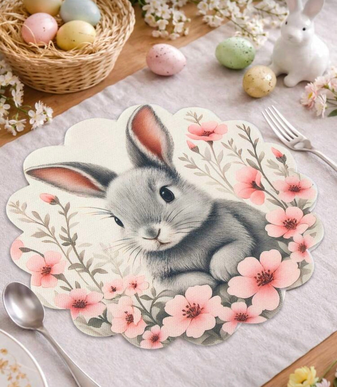 4 Piece Round Linen Bunny Placemats