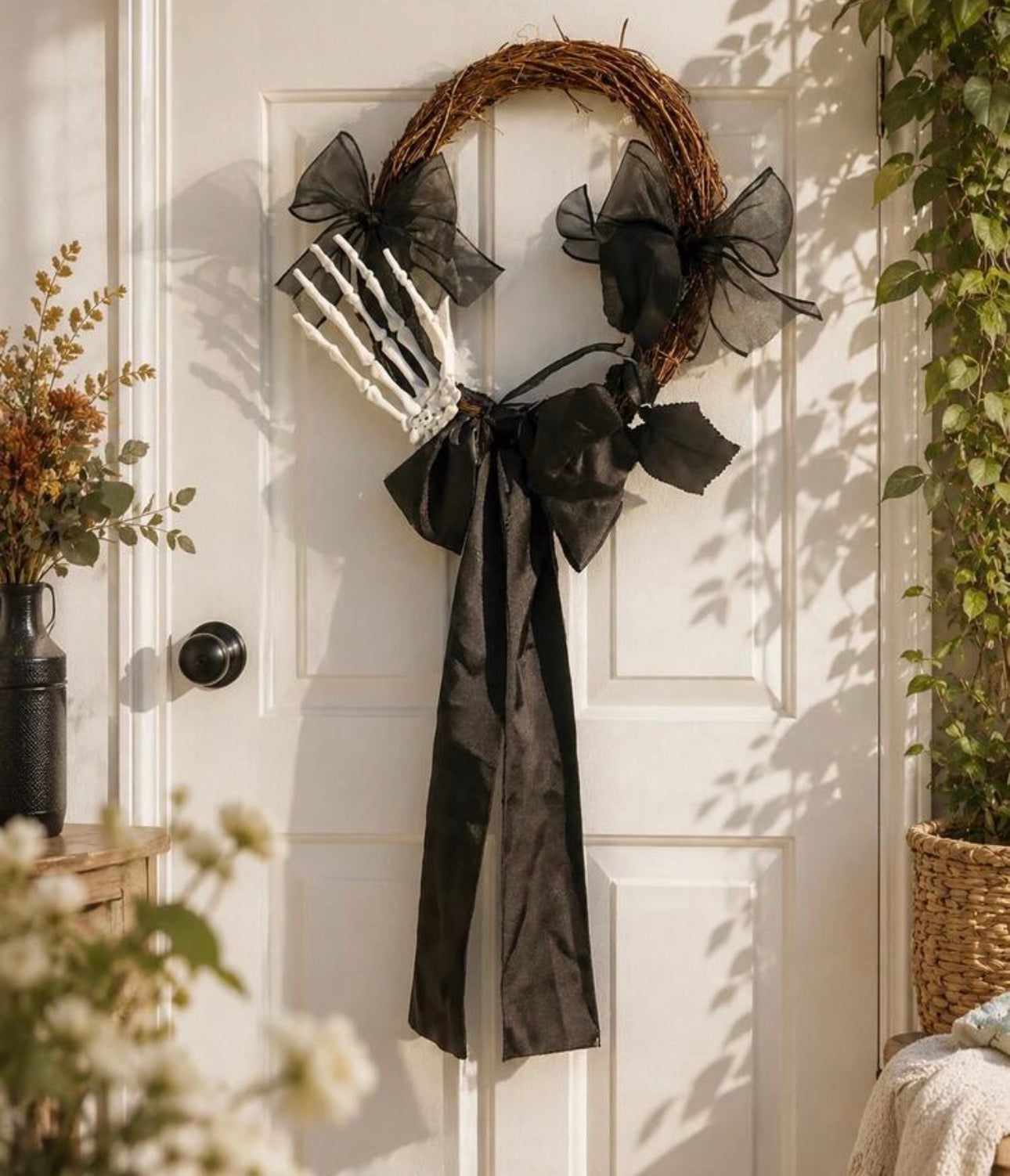 Skeleton Hand & Black Ribbon Halloween Wreath