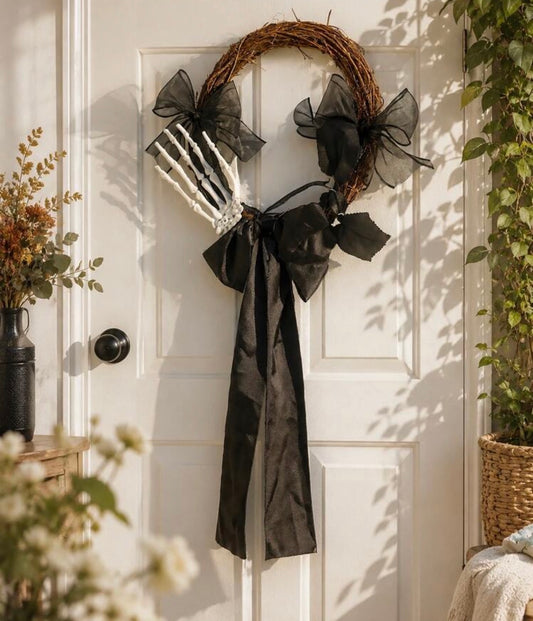 Skeleton Hand & Black Ribbon Halloween Wreath