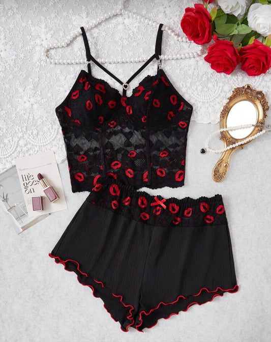 Red and Black Lips and Heart Cami Set