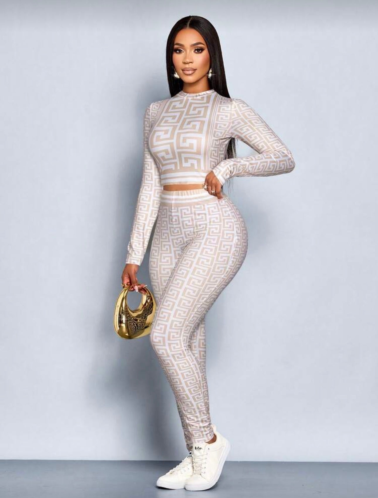 Geometric Meander Print Two-Piece Crop Top & Leggings Set