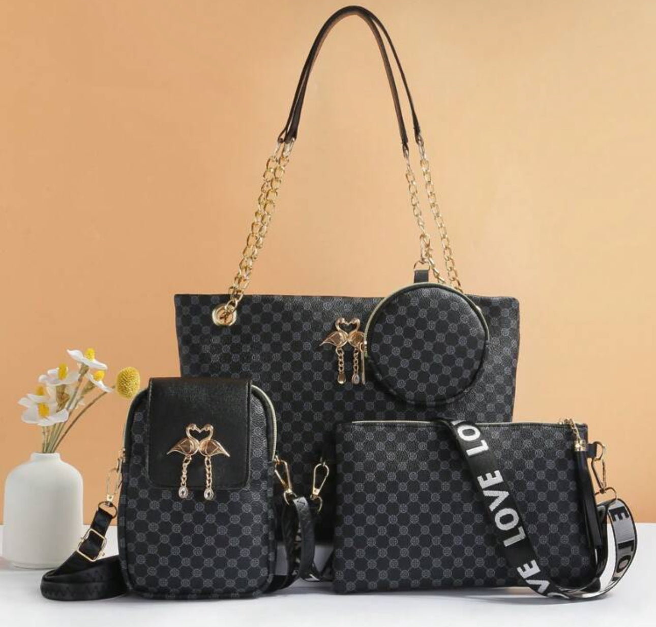 4 Piece Checkered Flamingo Bags
