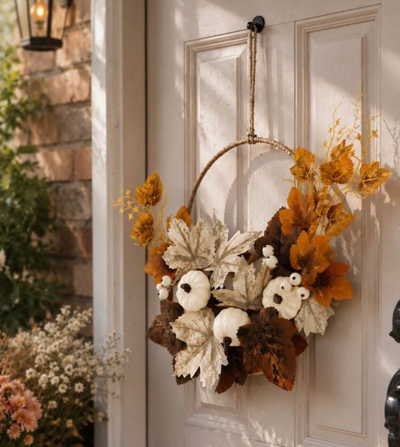 White Pumpkin & Autumn Leaf Hoop Wreath