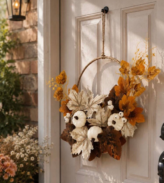 White Pumpkin & Autumn Leaf Hoop Wreath