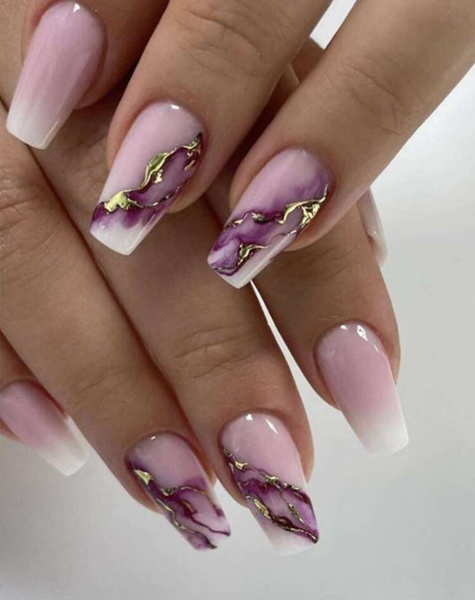 Ombré Marble Nails with Gold Accents