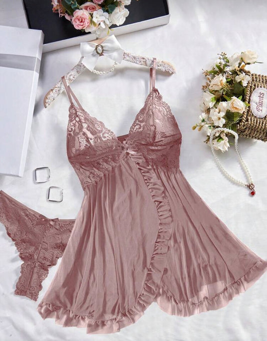 Midnight Rose Ruffled Lace Babydoll & Thong Set