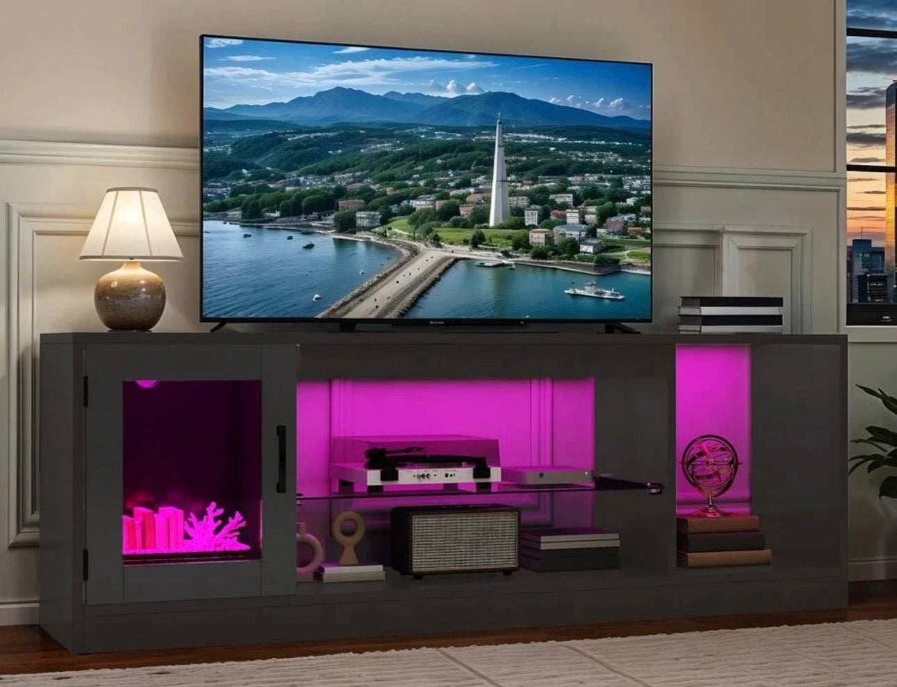 70" Modern Entertainment Center with Integrated LED Lighting & Fireplace Display