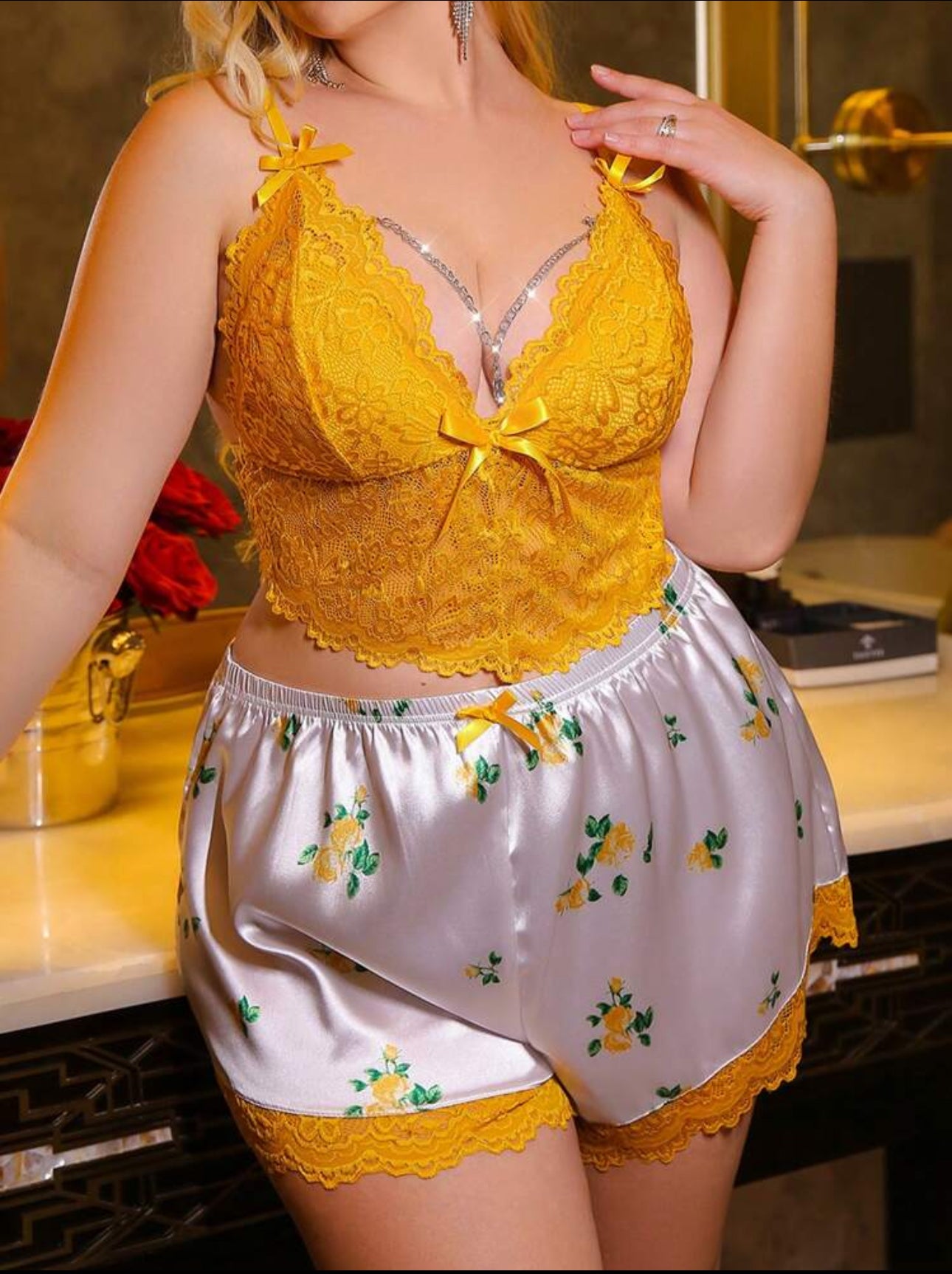 Yellow Laced Bow and Short Set