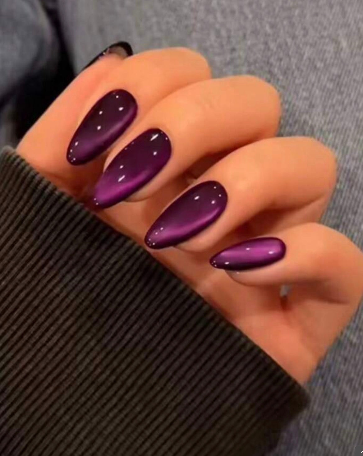 Deep Purple Cat-Eye Almond Nails