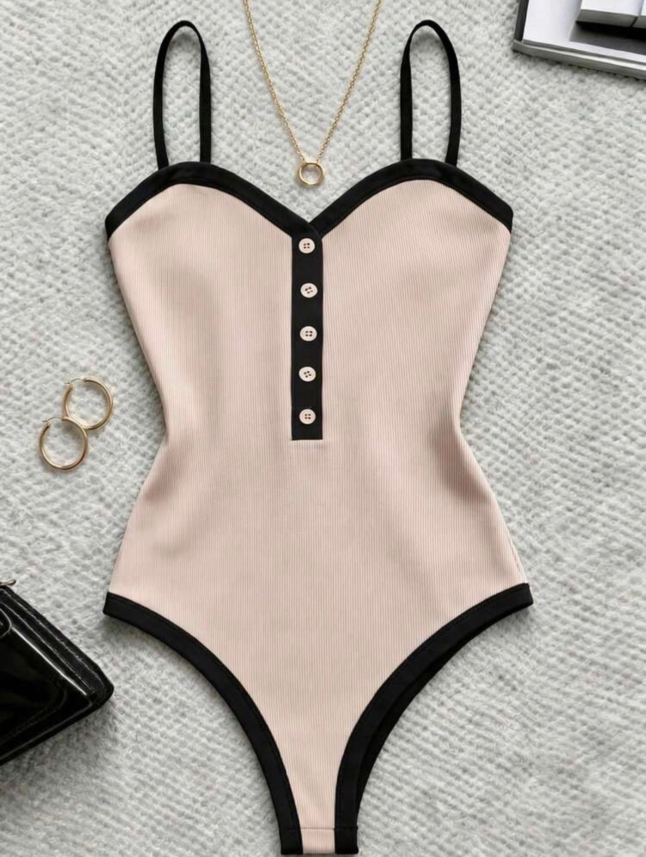 Curve Ribbed Contrast Trim Henley Bodysuit