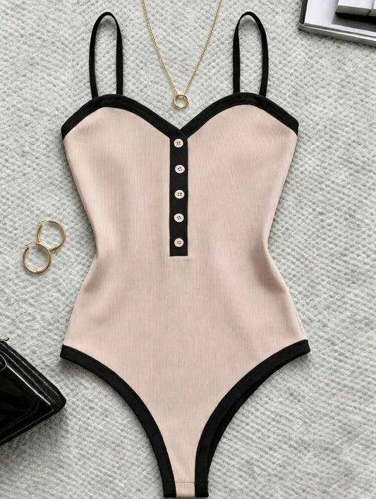 Curve Ribbed Contrast Trim Henley Bodysuit