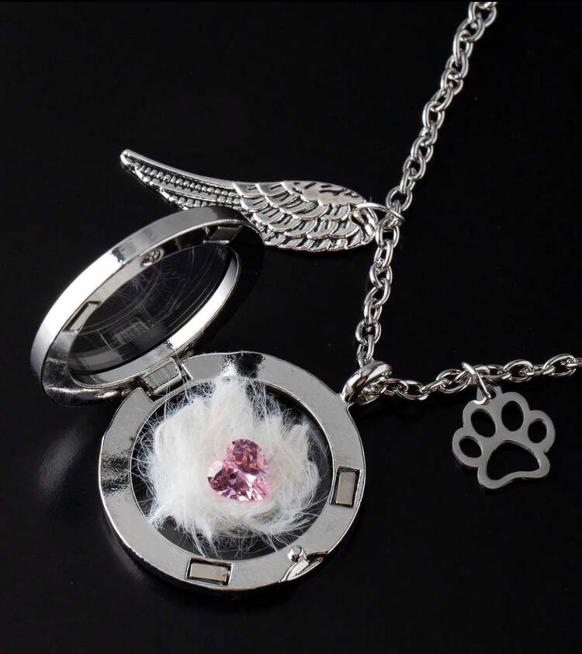 Angel Wing & Paw Charm Pet Memorial Hair Locket Necklace with Pink Heart Crystal