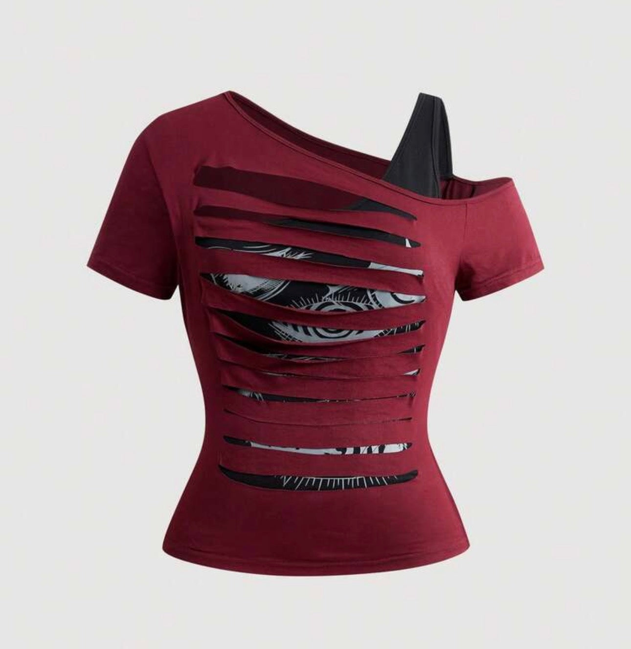 Midnight Eye Shredded Cold-Shoulder Layered Top