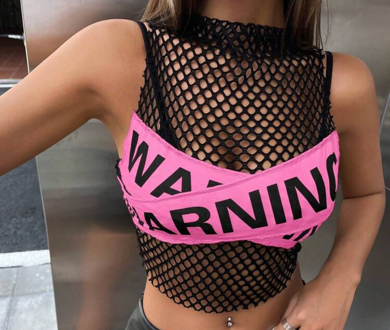 Warning Fishnet Cropped Tee