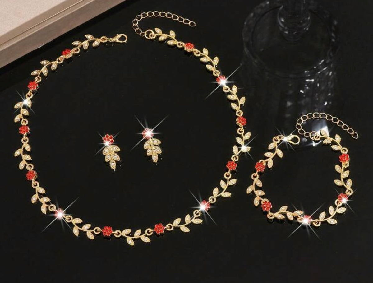 Gold‑Tone Red Flower & Leaf 3‑Piece Jewellery Set