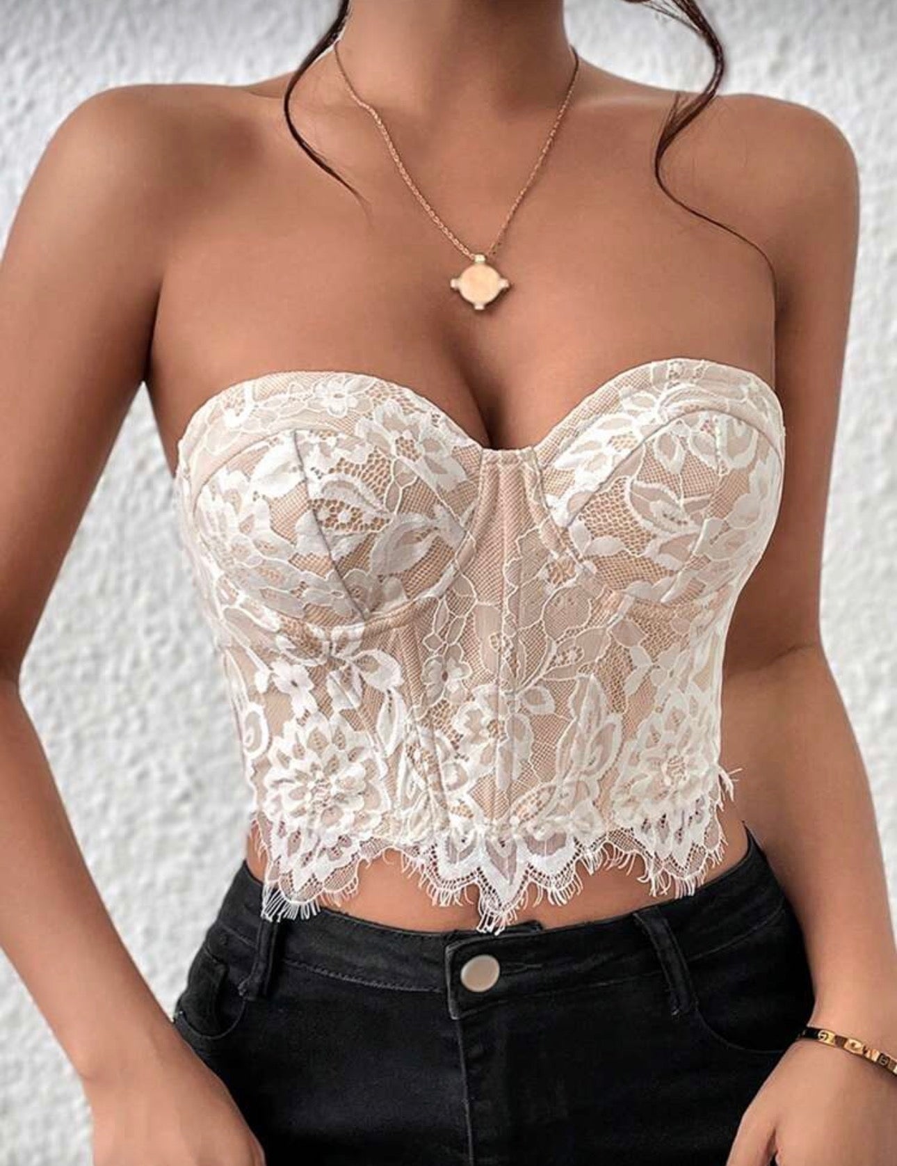 Women's Strapless Lace Overlay Corset Top with Eyelash Trim